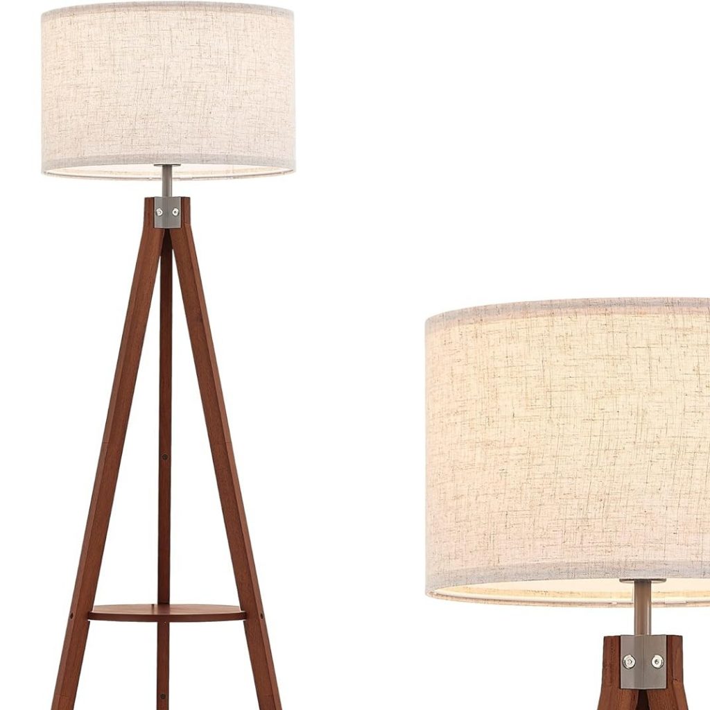 Tripod Floor Lamp with Shelves, 3 Color Temperatures LED Modern Wood Table Reading Standing Light, Wooden Shelf Floor Lamp for Farmhouse Living Room Bedroom Office Nature Linen Shade,Brown